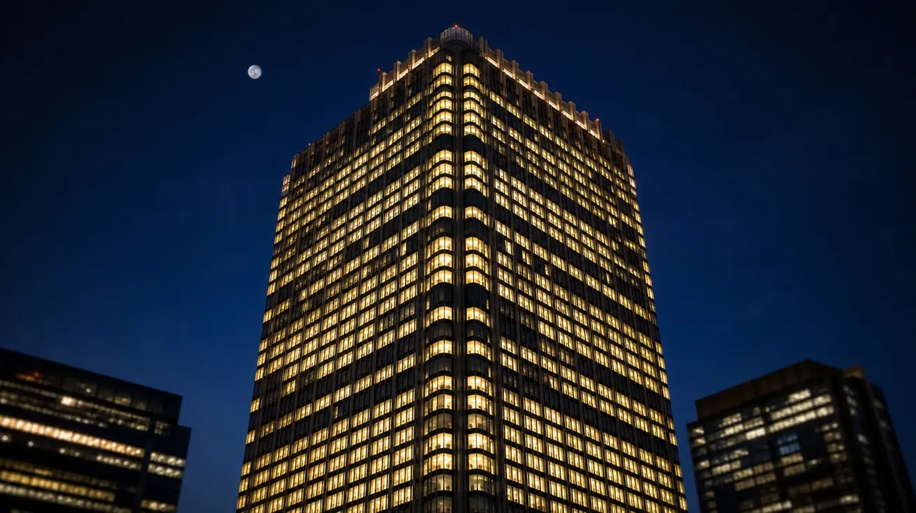 AI-generated night photography of a lit office tower at blue hour with every floor of windows glowing.