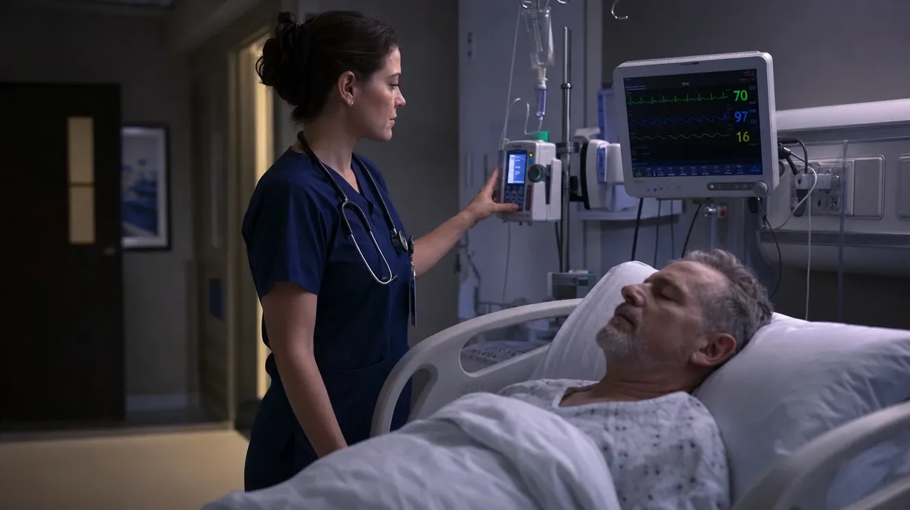 AI-generated ICU nurse in navy scrubs adjusting an IV pump beside a peacefully sleeping patient at 2am.