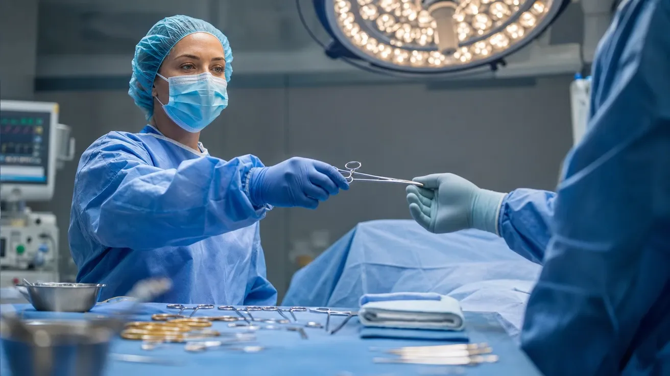 AI stock nurse image of an OR scrub nurse passing a hemostat across a sterile blue-draped surgical field.