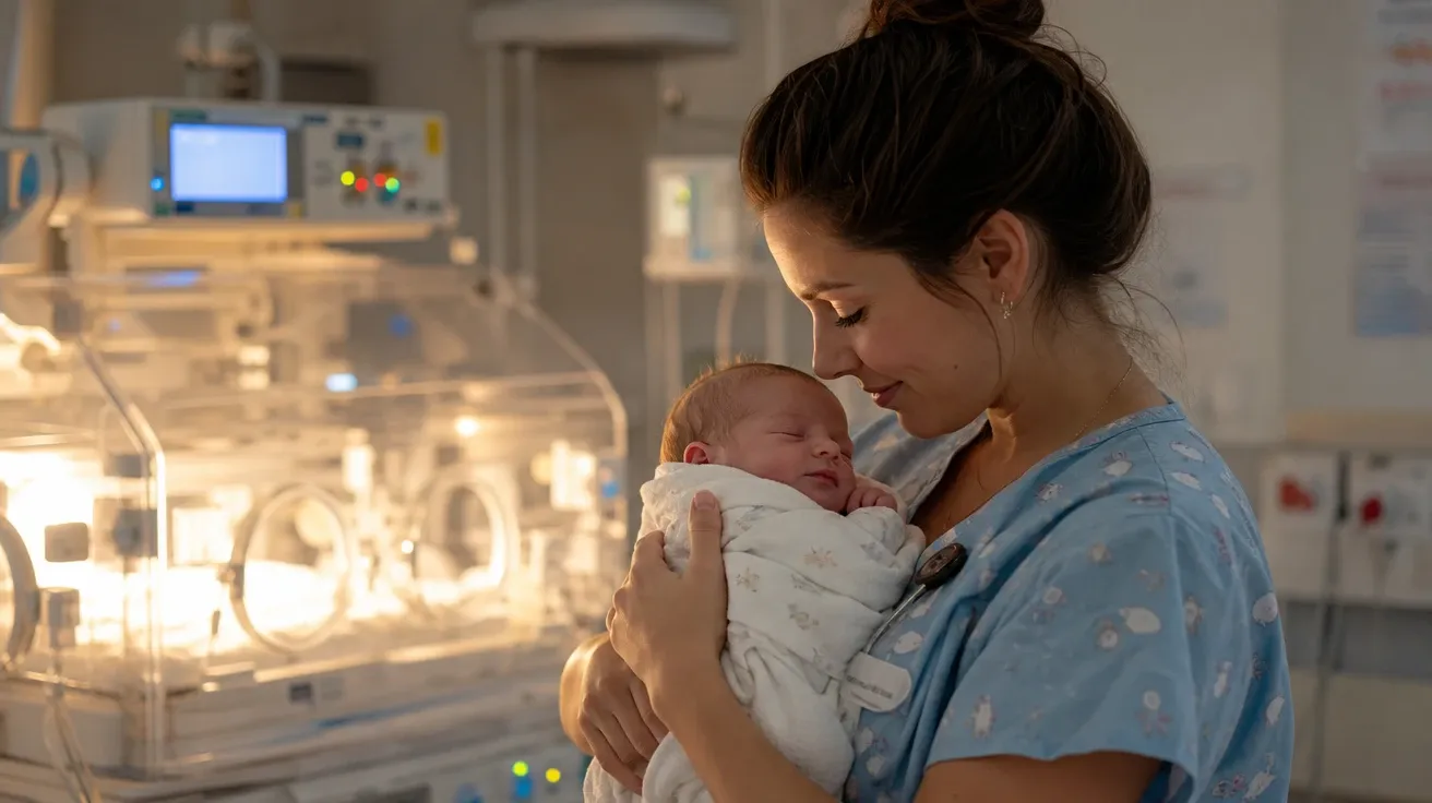 AI-generated NICU nurse in soft scrubs gently holding a peacefully swaddled sleeping newborn beside an isolette.