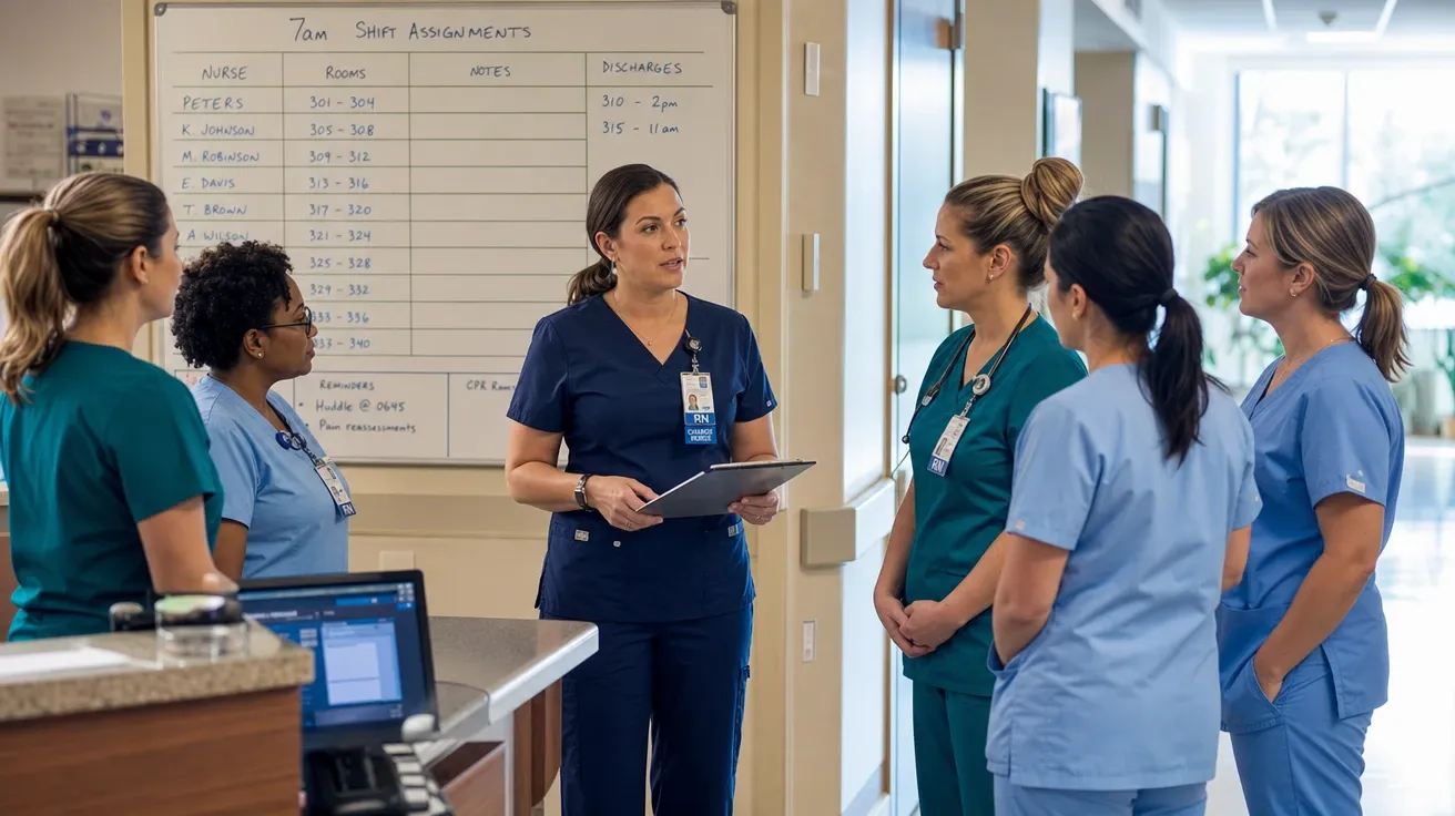 AI-generated charge nurse leading a 7am shift huddle with five nurses at a nurses' station.