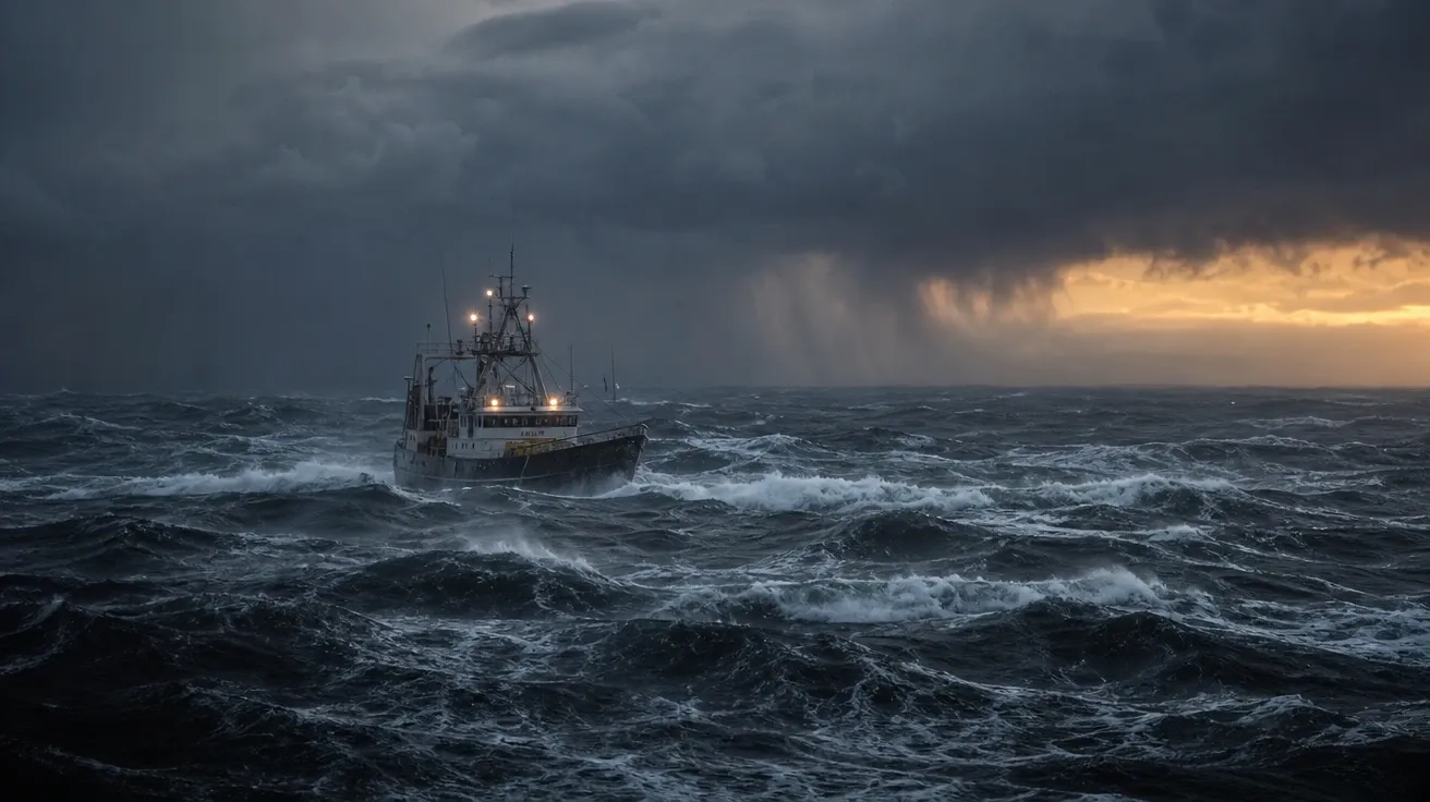 Atlantic storm at dusk with breaking whitecaps and lone fishing trawler, AI-generated stock ocean image.