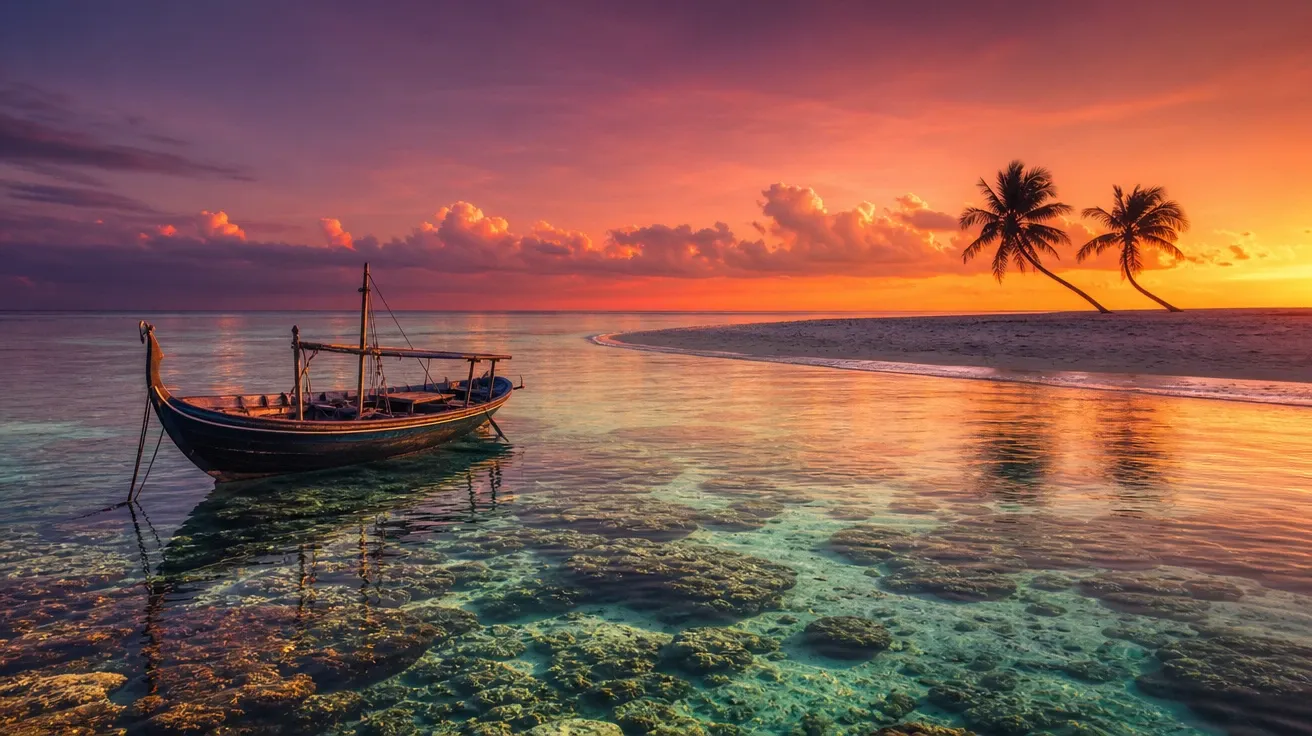 Tropical Maldives reef at sunset with traditional dhoni boat and palm-silhouette island, AI-generated stock ocean image.