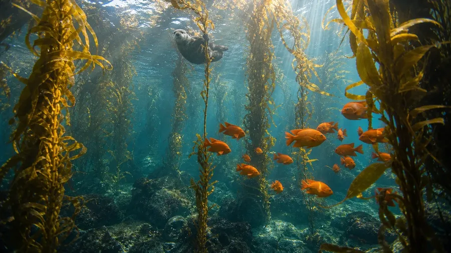 California kelp forest underwater with sun shafts and orange garibaldi fish, AI-generated stock ocean image.