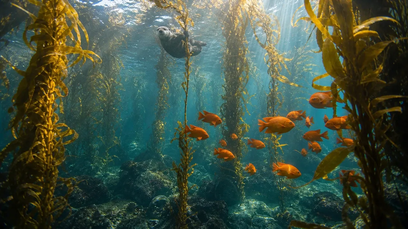 California kelp forest underwater with sun shafts and orange garibaldi fish, AI-generated stock ocean image.