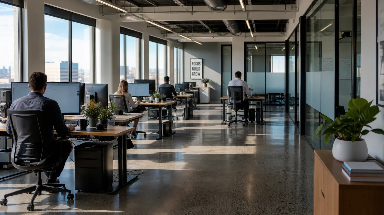 AI-generated open-plan office at 8:30am with morning daylight across rows of standing desks and glass-walled meeting rooms.