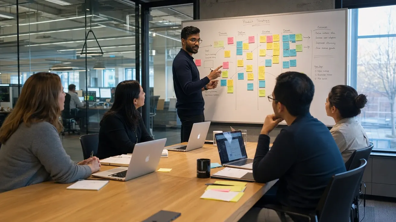 AI stock office image of a five-person product huddle in a glass-walled conference room with a whiteboard of sticky notes.