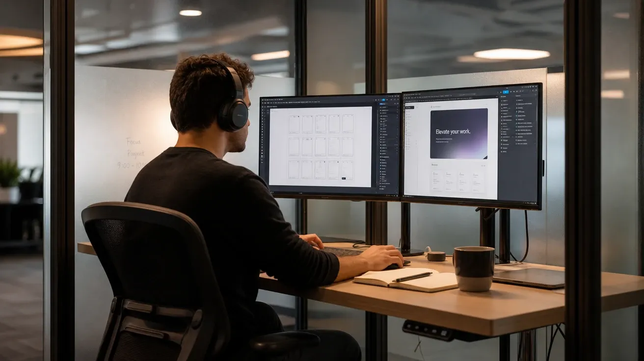 AI-generated designer in a focus pod with headphones reviewing Figma-style wireframes on dual monitors.