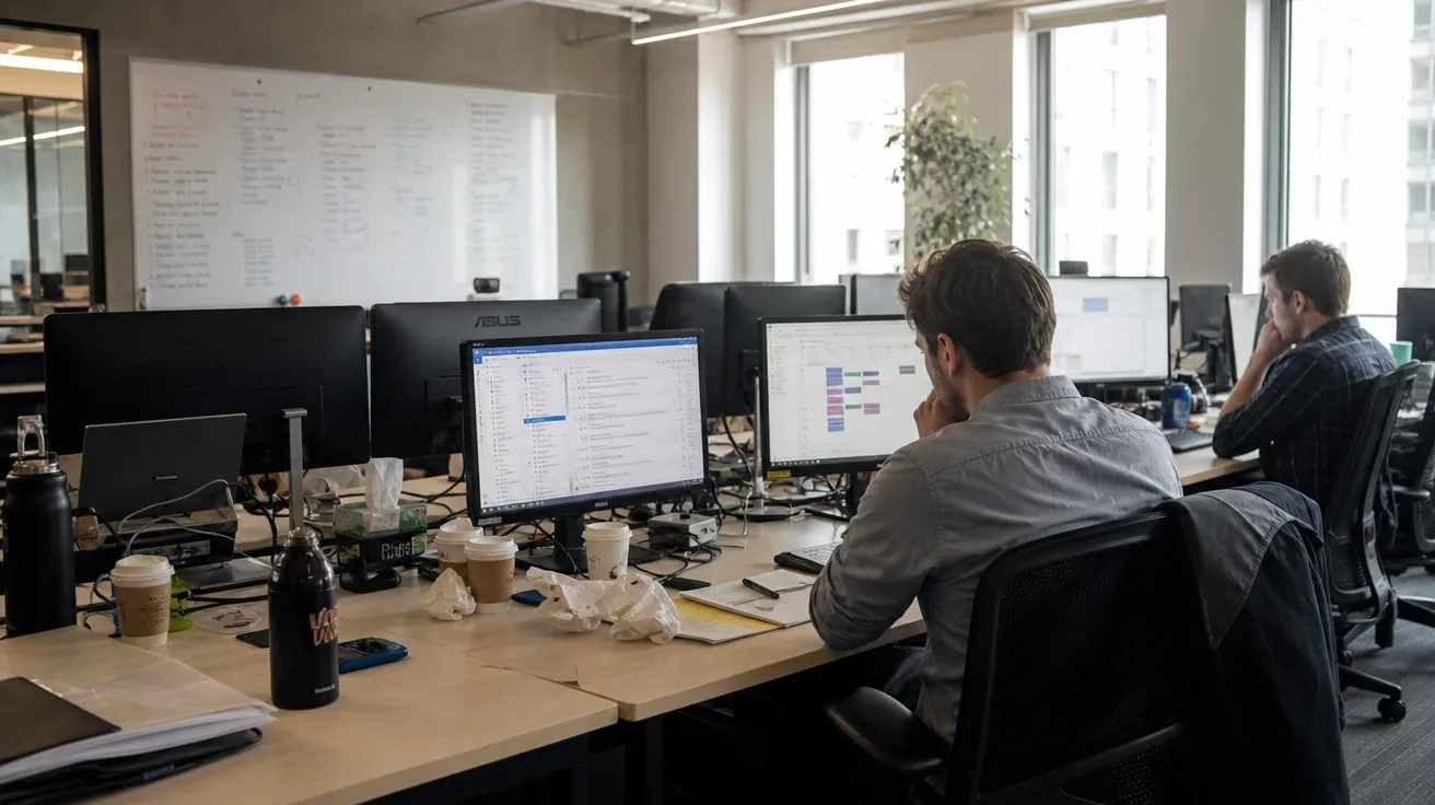 AI-generated Monday-morning office floor with cold coffee on six desks, last week's whiteboard, and bleary engineers at work.