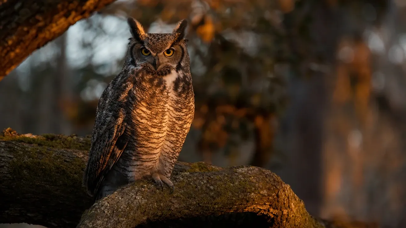 AI owl image of a great horned owl perched on a moss-covered oak branch at dusk with ear tufts erect.