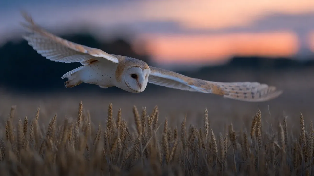 AI owl image of a barn owl in silent flight low over a wheat field at twilight with wings spread wide.