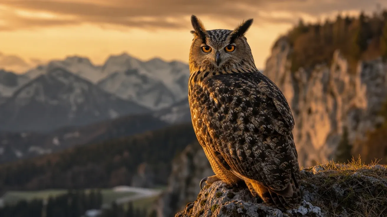 AI-generated owl picture of a Eurasian eagle owl on a Bavarian cliff with bright orange eyes piercing camera.