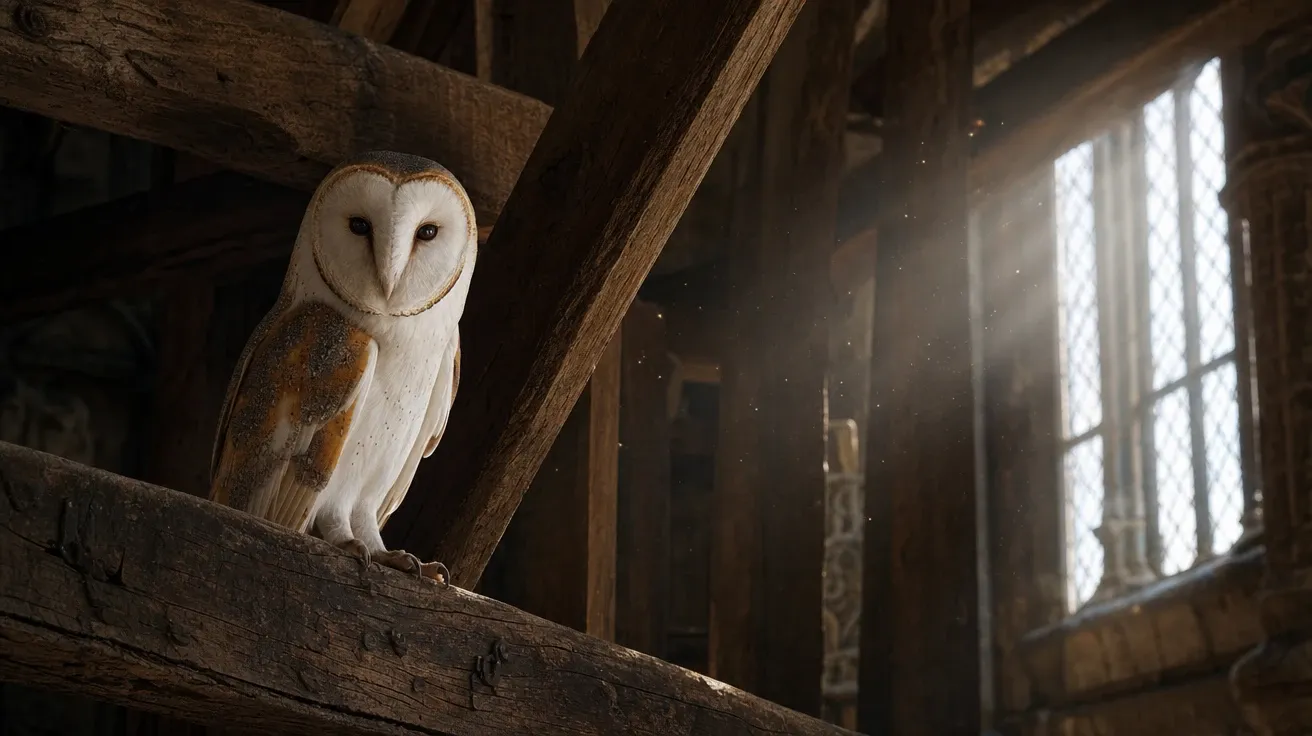 AI-generated owl picture of a barn owl perched in wooden rafters of a centuries-old church belfry.