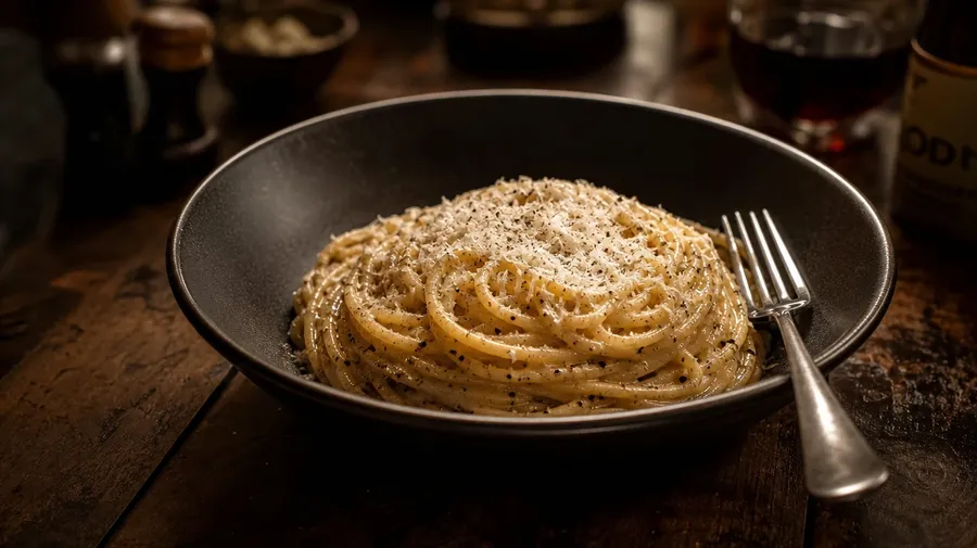 AI-generated deep black bowl of cacio e pepe twisted into a centered nest with pecorino shower under warm pendant light.