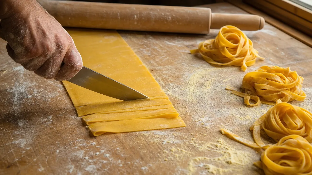 AI stock pasta image of a flour-dusted hand cutting fresh pappardelle ribbons from golden egg-yolk dough on a wood board.