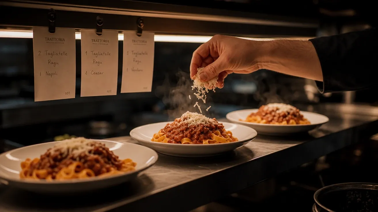 AI-generated trattoria pass with three plates of bolognese tagliatelle being garnished with Parmigiano mid-service.