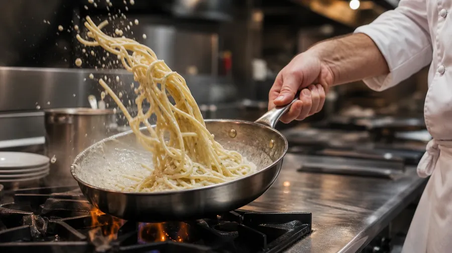 AI-generated chef's hand mid-toss of spaghetti emulsifying in a saute pan with butter and starch water clouding the sauce.