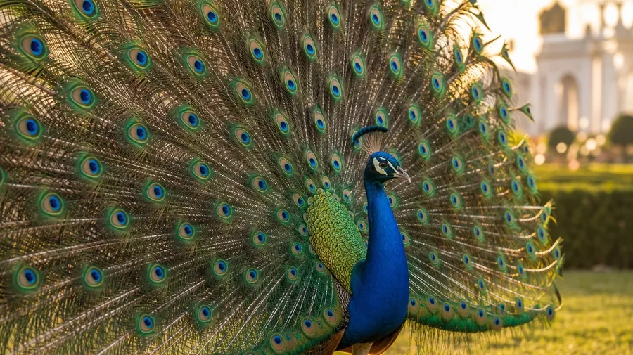 Indian blue peacock fanning his train at golden hour, AI stock peacock image.