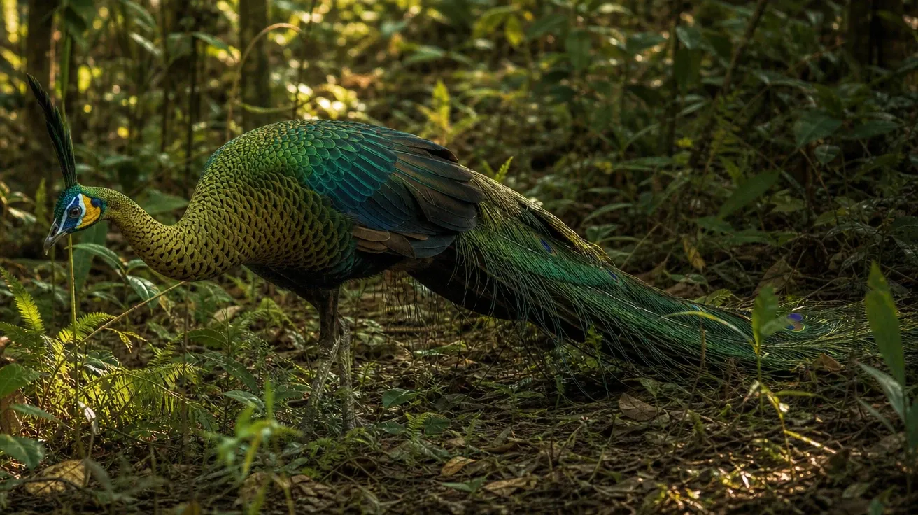 Green peacock foraging in Java rainforest understory at dawn, AI-generated peacock images.