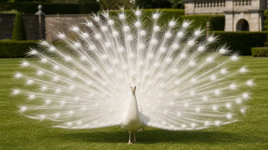 White leucistic peacock on an English country estate lawn, AI stock peacock species image.