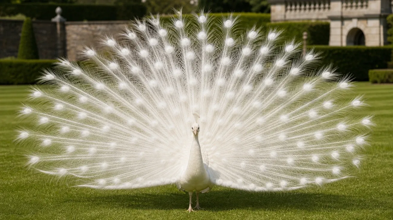 White leucistic peacock on an English country estate lawn, AI stock peacock species image.