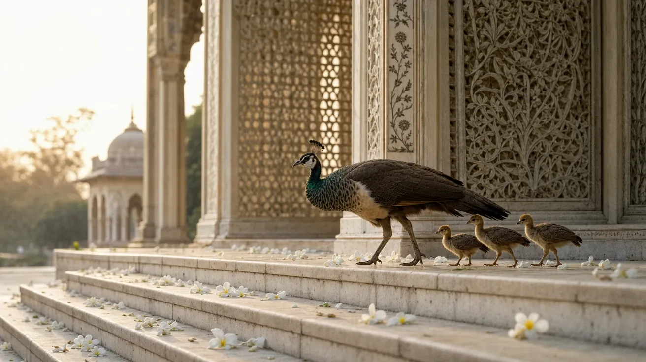 Peahen leading chicks across Mughal palace garden steps, AI stock peacock image.