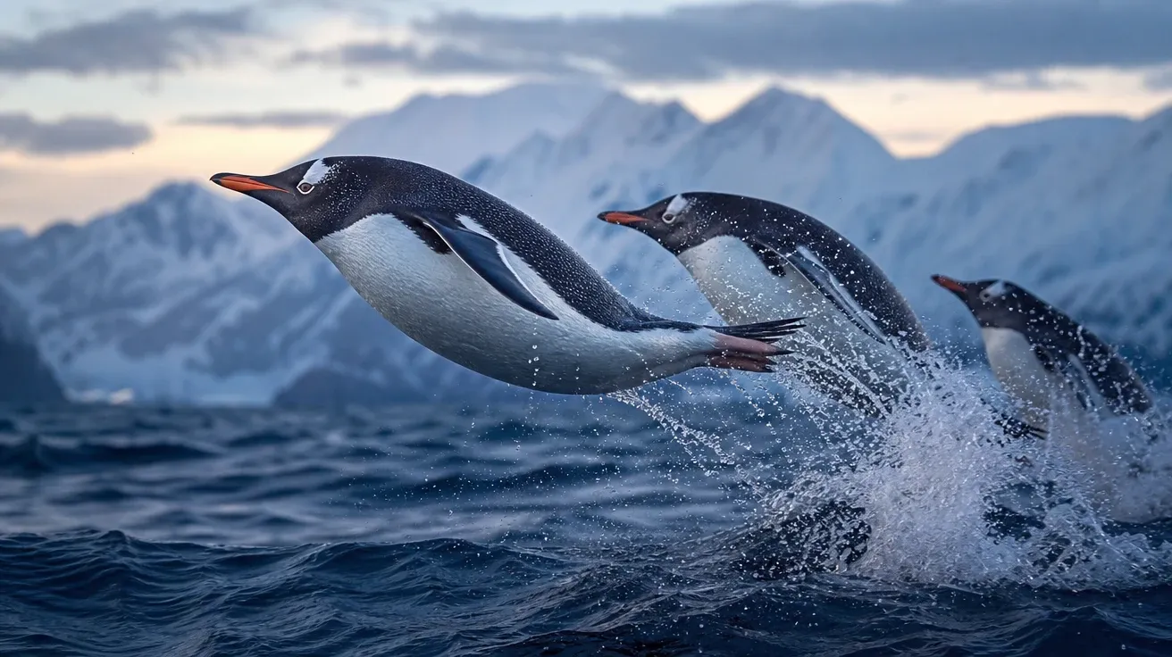 Gentoo penguins porpoising off South Georgia at dawn, AI-generated penguin images.