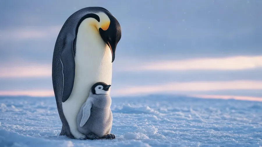 Emperor penguin with chick at first light on Antarctic ice, AI stock penguin image.
