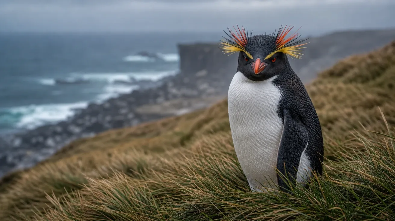Southern rockhopper penguin on Falklands tussock, AI stock penguin species image.