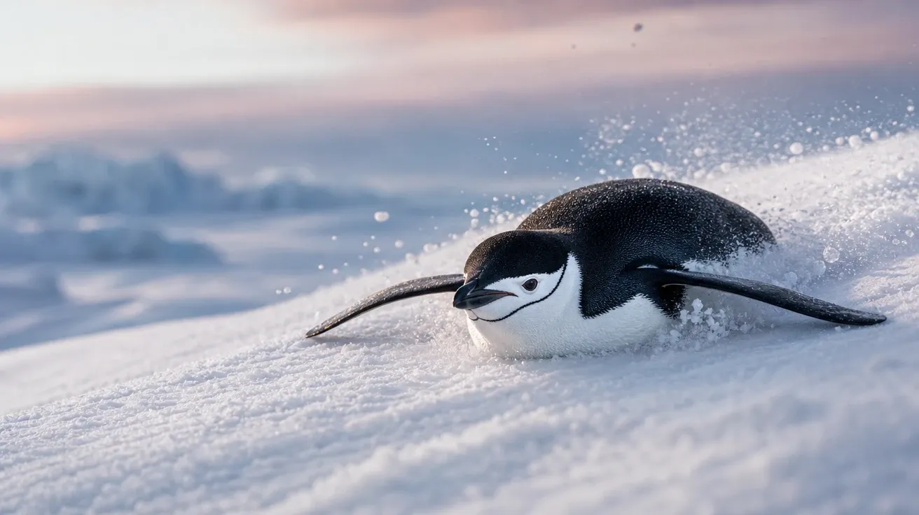 Chinstrap penguin tobogganing down a snowdrift, AI stock penguin behavior image.