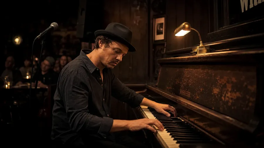AI stock piano image of a jazz pianist at a worn upright in a dim club at midnight, brass lamp on the piano lid.