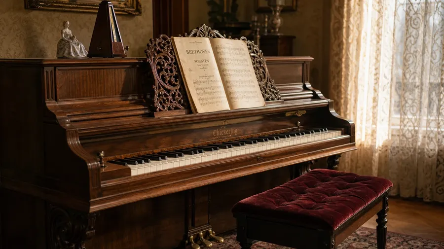 AI-generated antique walnut upright piano with brass pedals and a yellowed score in a sunlit Victorian parlor.