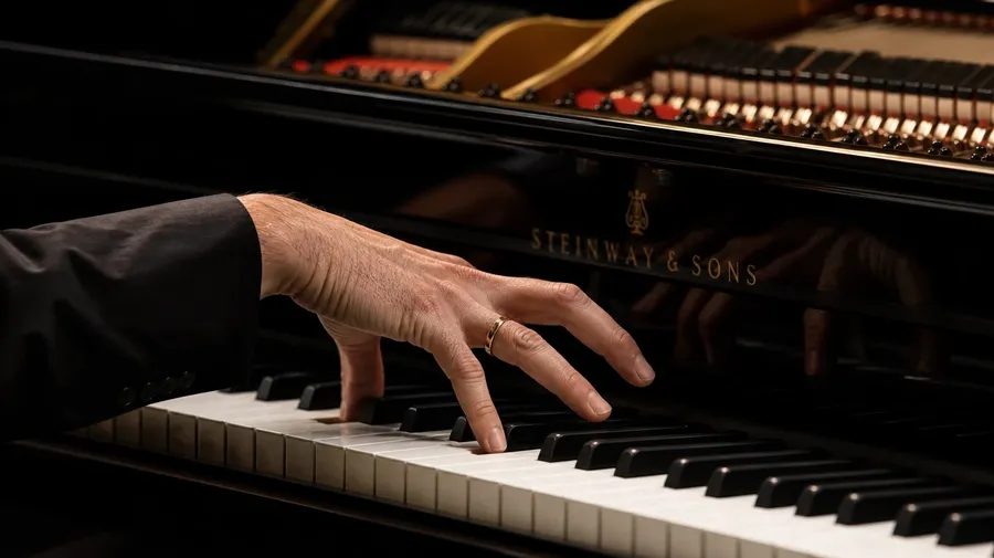 AI-generated intimate close-up of a pianist's hand mid-octave-leap above the keys of a polished concert grand.