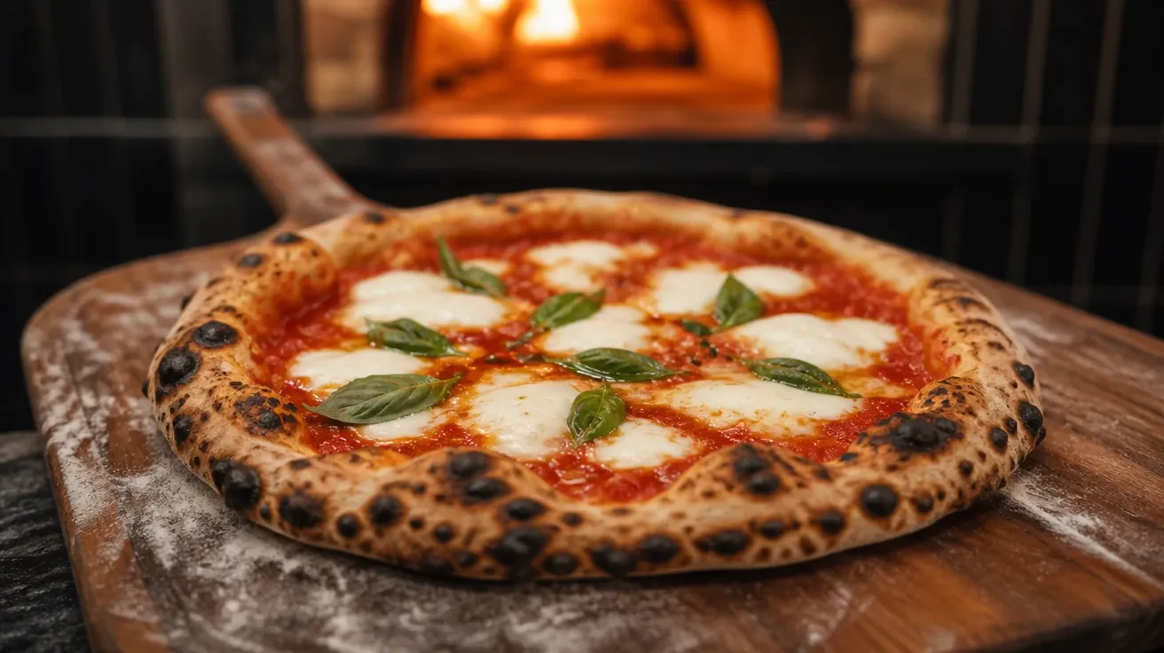 Wood-fired Neapolitan margherita on flour-dusted peel just out of a tile oven, leoparded crust. AI pizza stock photo.