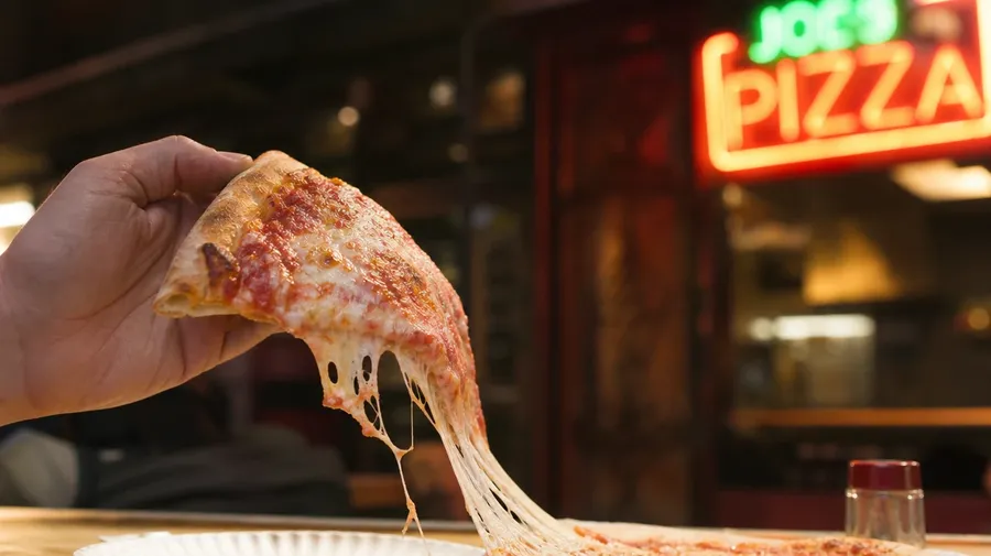 New York foldable slice held mid-bite at a late-night pizzeria counter with neon glow. AI pizza stock photo.