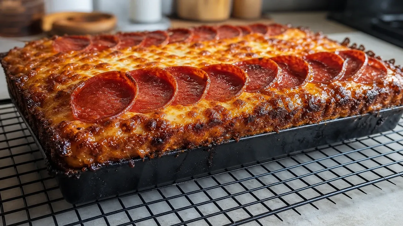 Freshly baked square Detroit-style pan pizza with caramelized cheese to the pan edges. AI pizza stock photo.
