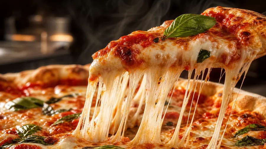 Slice mid-pull from a whole pizza with long strings of melted mozzarella stretching. AI pizza stock photo.