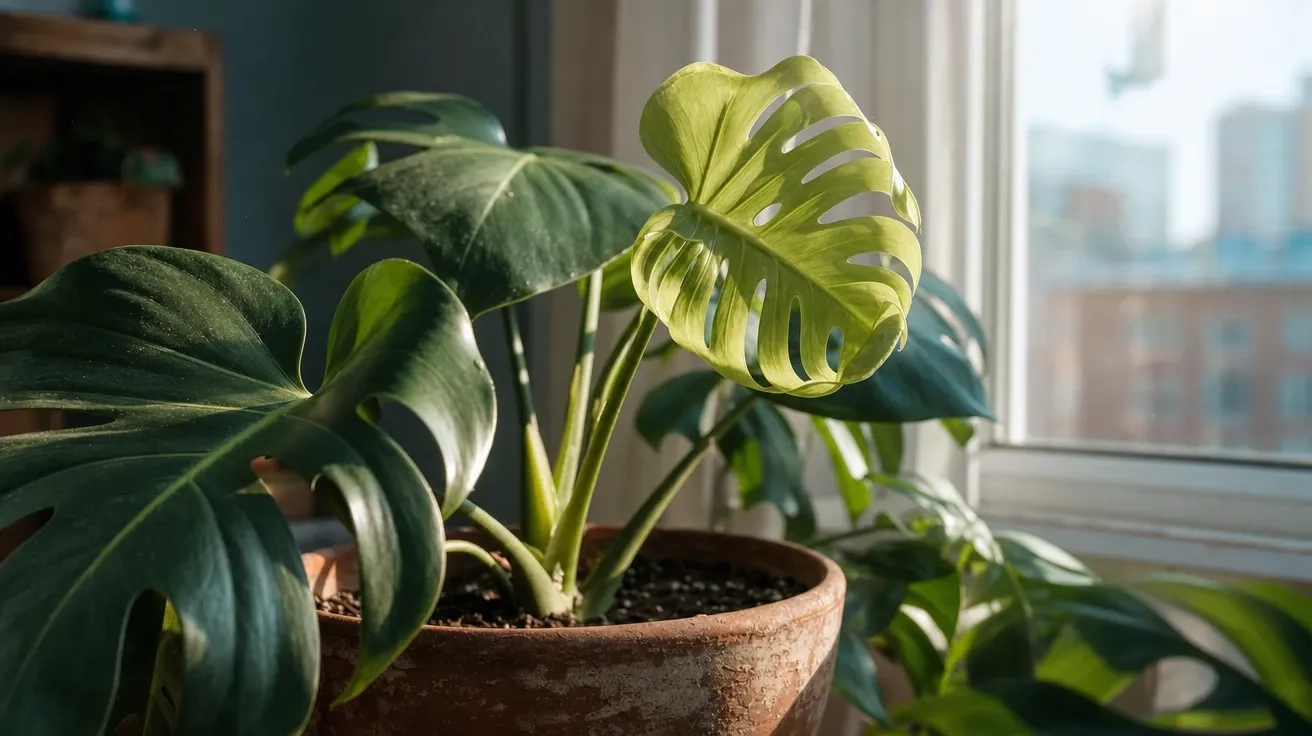 Monstera deliciosa unfurling a new leaf in window light, AI stock plant picture.