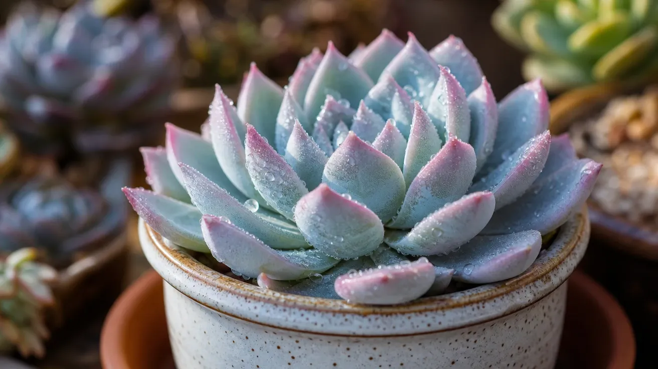 Echeveria succulent rosette frosted with dew, AI stock plant species image.