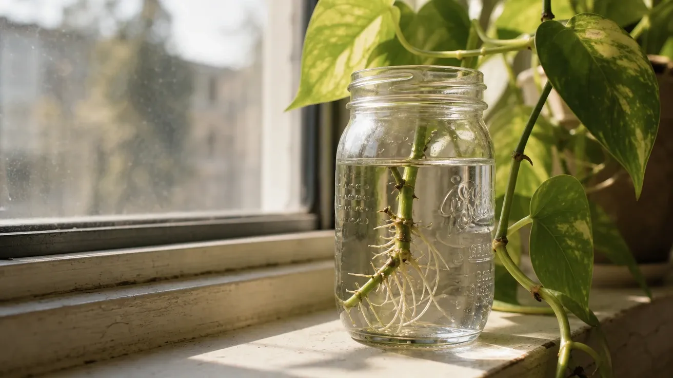 Pothos stem cutting rooting in a water glass on a windowsill, AI stock plant moment image.