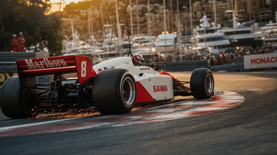 AI-generated racing photo: Formula 1 car powering through Monaco's hairpin at golden hour.