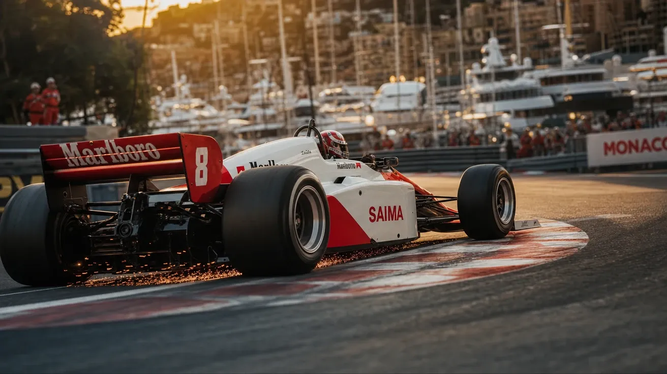 AI-generated racing photo: Formula 1 car powering through Monaco's hairpin at golden hour.