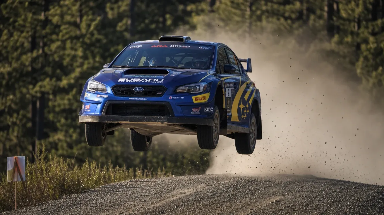 AI-generated racing stock photo: WRC rally car airborne over a gravel crest with rooster tail of dust.