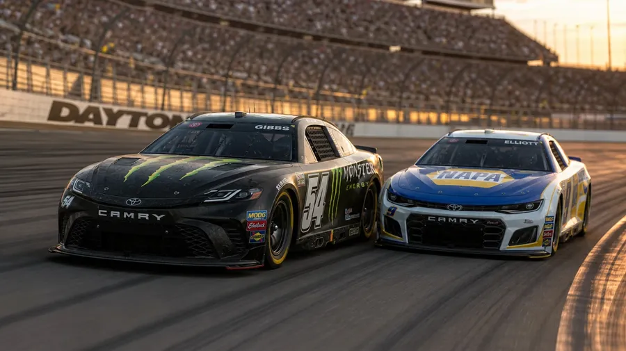AI-generated racing image: two NASCAR-style stock cars side-by-side on Daytona banking at golden hour.