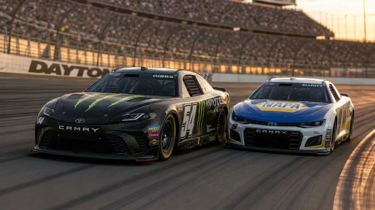 AI-generated racing image: two NASCAR-style stock cars side-by-side on Daytona banking at golden hour.