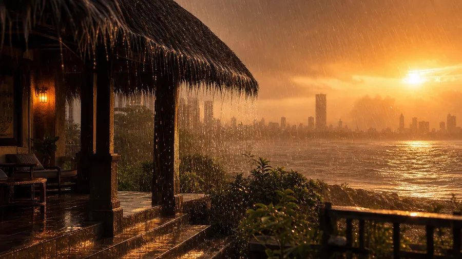 Thatched-roof verandah in Mumbai monsoon downpour at golden hour, AI stock rain picture.