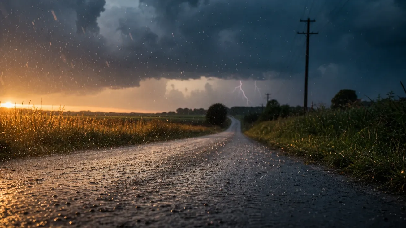 Summer thunderstorm with heavy drops on a country lane, AI stock rain type image.