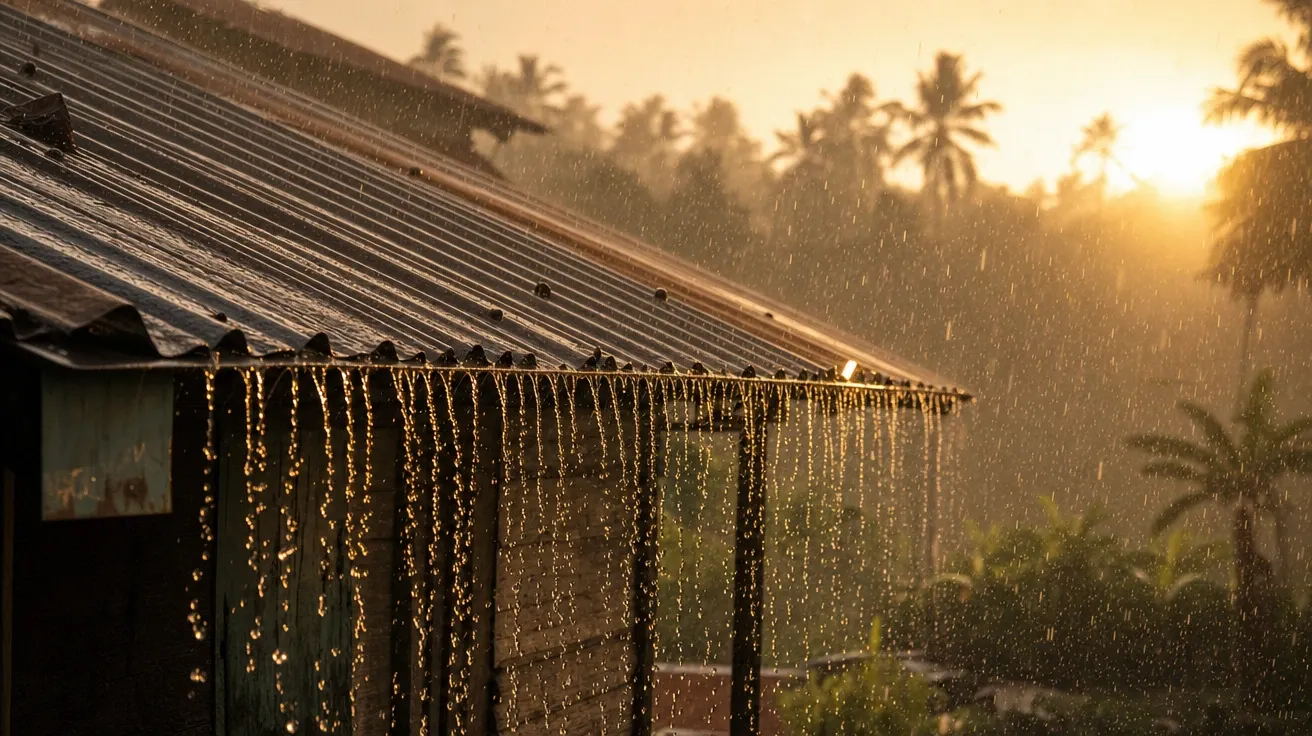 Heavy monsoon rain drumming on a corrugated tin roof at golden hour, AI stock rain image.