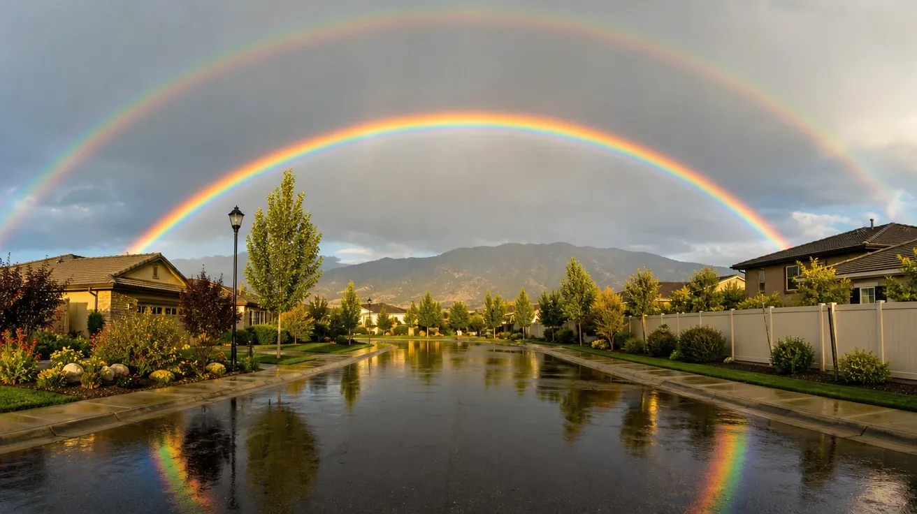 Double rainbow arching over a wet residential street at sunset, distant houses and trees. AI rainbow stock photo.