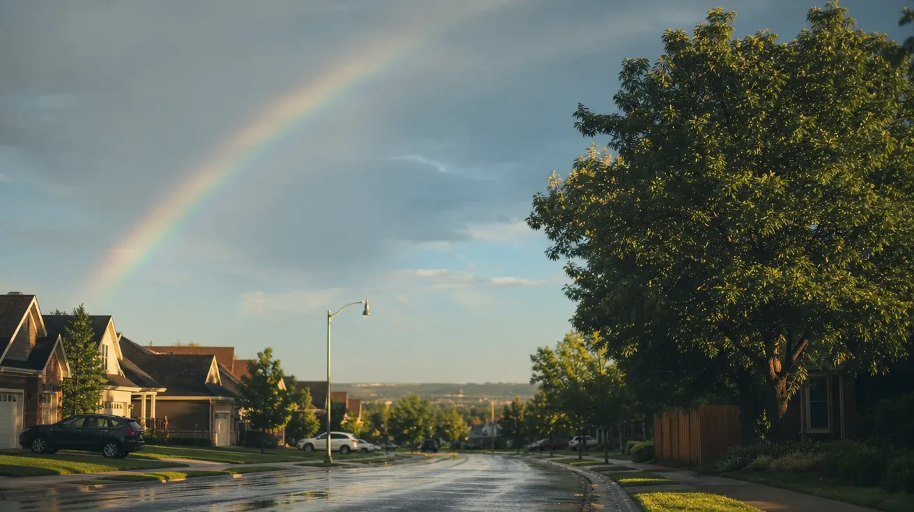 Faint partial rainbow over a quiet suburban street after summer rain, golden hour. AI rainbow stock photo.